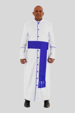 Modern Clergy Robe in White with Royal Blue Trim