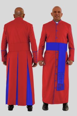 Noble Red Clergy Robe in Royal Blue Trim & Triple Backpleats