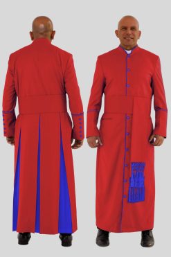 Noble Red Clergy Robe in Royal Blue Trim & Triple Backpleats