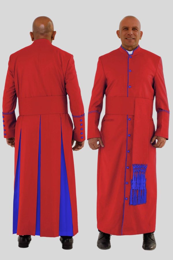 Noble Red Clergy Robe in Royal Blue Trim & Triple Backpleats