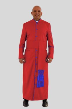 Noble Red Clergy Robe in Royal Blue Trim & Triple Backpleats