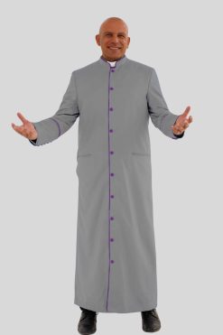 Sleek Gray Clergy Robe with Purple Trim & Backpleats