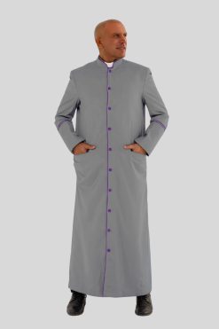 Sleek Gray Clergy Robe with Purple Trim & Backpleats