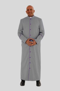 Sleek Gray Clergy Robe with Purple Trim & Backpleats