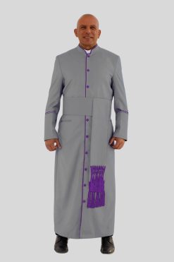 Sleek Gray Clergy Robe with Purple Trim & Backpleats