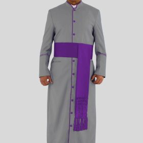 Sleek Gray Clergy Robe with Striking Roman Purple Accents
