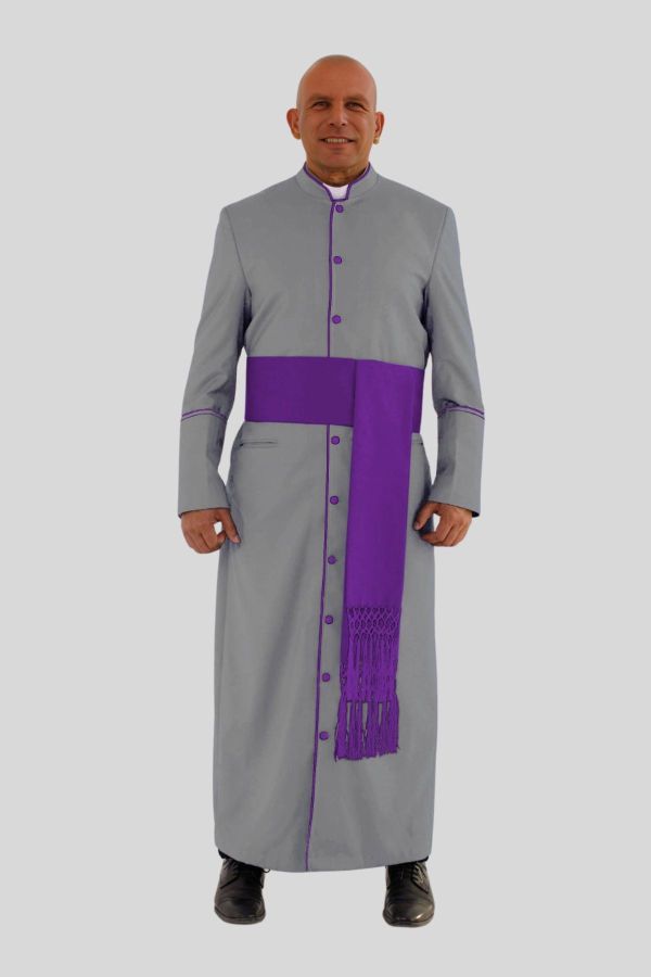 Sleek Gray Clergy Robe with Purple Trim & Backpleats