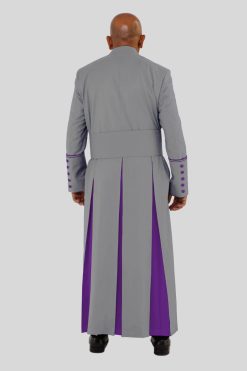 Sleek Gray Clergy Robe with Purple Trim & Backpleats