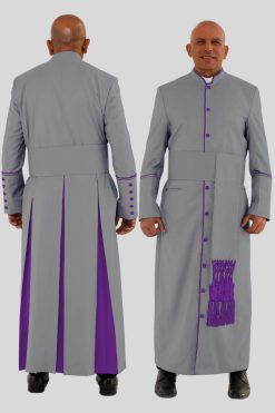 Sleek Gray Clergy Robe with Purple Trim & Backpleats