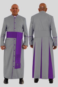 Sleek Gray Clergy Robe with Purple Trim & Backpleats