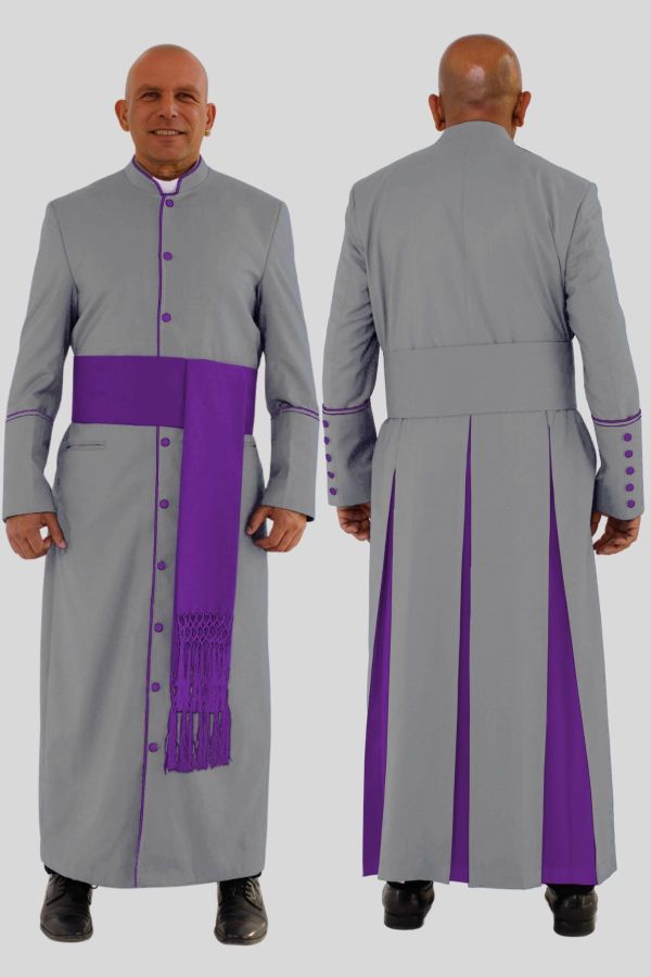 Sleek Gray Clergy Robe with Purple Trim & Backpleats