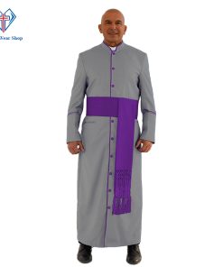 Sleek Gray Clergy Robe with Purple Trim - Clergy Wear Shop ™