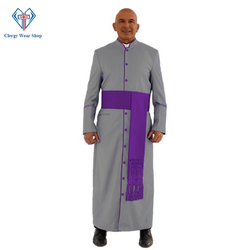 Sleek Gray Clergy Robe with Purple Trim - Clergy Wear Shop ™