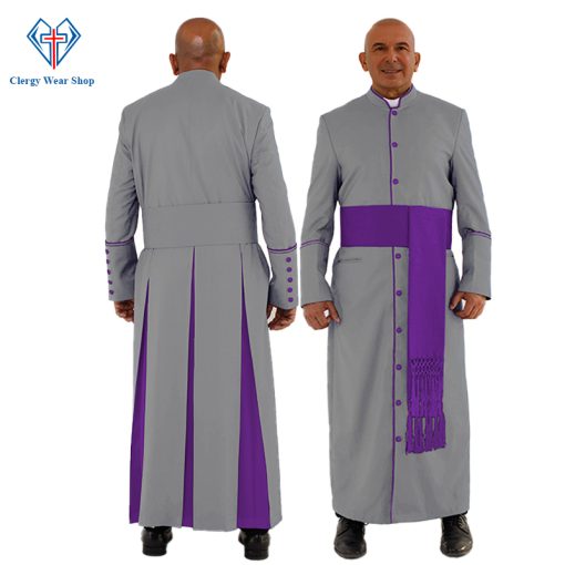 Sleek Gray Clergy Robe with Purple Trim - Clergy Wear Shop ™