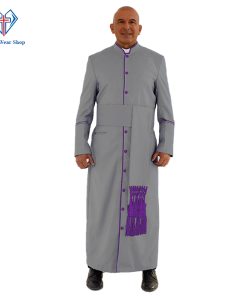 Sleek Gray Clergy Robe with Purple Trim - Clergy Wear Shop ™