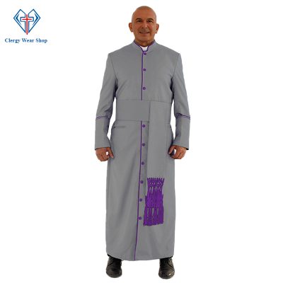 Sleek Gray Clergy Robe with Purple Trim - Clergy Wear Shop ™