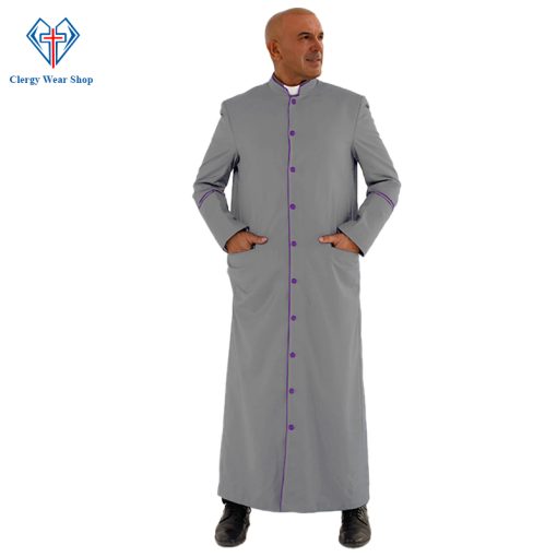 Sleek Gray Clergy Robe with Purple Trim - Clergy Wear Shop ™