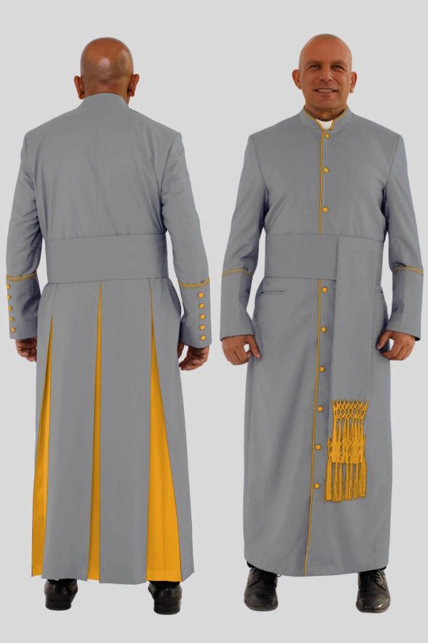 Stylish Gray Clergy Robe with Golden Trim & Three Backpleats
