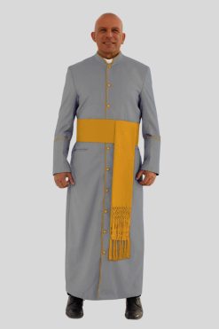 Stylish Gray Clergy Robe with Golden Trim & Three Backpleats