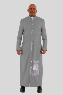 Traditional Gray Clergy Robe with White Trim & Tripple Backpleats