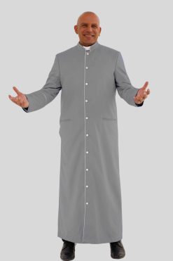 Traditional Gray Clergy Robe with White Trim & Tripple Backpleats