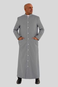 Traditional Gray Clergy Robe with White Trim & Tripple Backpleats