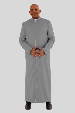 Traditional Gray Clergy Robe with White Trim & Tripple Backpleats