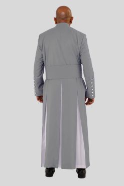 Traditional Gray Clergy Robe with White Trim & Tripple Backpleats