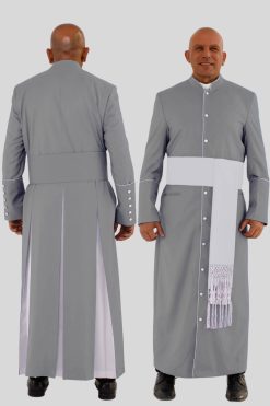 Traditional Gray Clergy Robe with White Trim & Tripple Backpleats