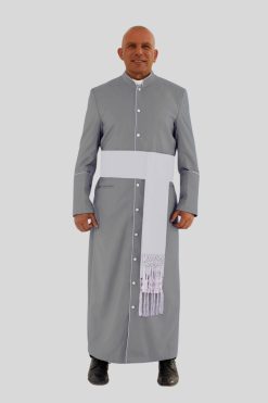 Traditional Gray Clergy Robe with White Trim & Tripple Backpleats