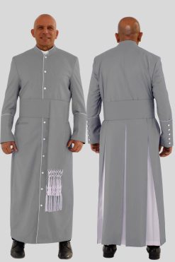 Traditional Gray Clergy Robe with White Trim & Tripple Backpleats