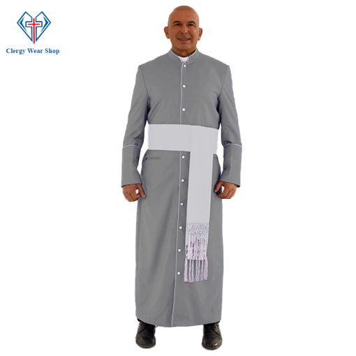 Traditional Gray Clergy Robe with White Trim for Special Ceremonies