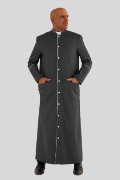Elegant Black Clergy Robe with White Trim and Triple Back Pleats