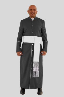 Elegant Black Clergy Robe with White Trim and Triple Back Pleats