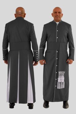 Elegant Black Clergy Robe with White Trim and Triple Back Pleats