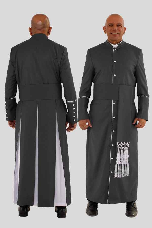 Elegant Black Clergy Robe with White Trim and Triple Back Pleats