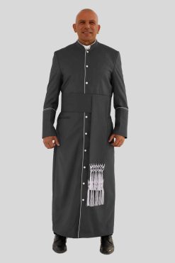 Elegant Black Clergy Robe with White Trim and Triple Back Pleats
