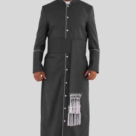 Elegant Black Clergy Robe with White Trim & Triple Back Pleats for Ministers