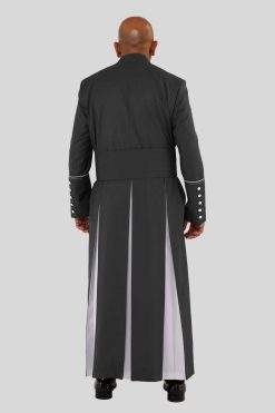 Elegant Black Clergy Robe with White Trim and Triple Back Pleats