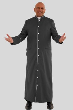 Elegant Black Clergy Robe with White Trim and Triple Back Pleats