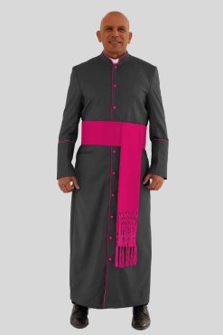 Graceful Black Clergy Robe with Red Purple Trim & Pleated Back