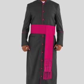 Graceful Black Clergy Robe with Red Purple Trim & Pleated Back