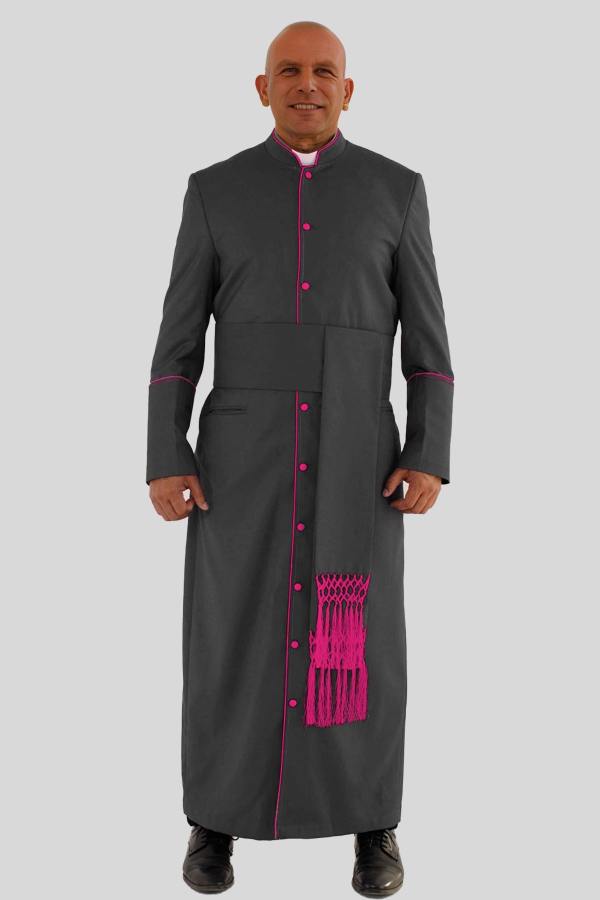Graceful Black Clergy Robe with Red Purple Trim & Pleated Back
