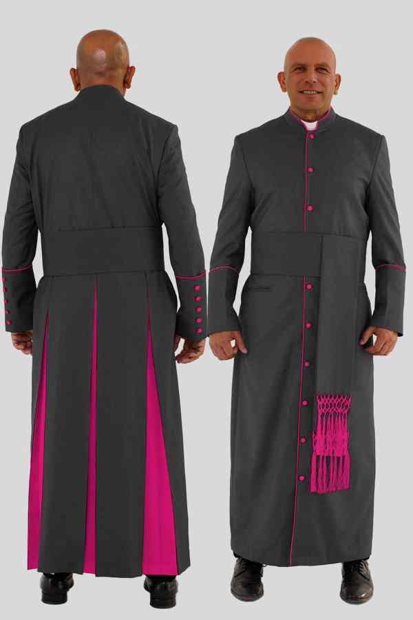 Graceful Black Clergy Robe with Red Purple Trim & Pleated Back