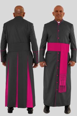 Graceful Black Clergy Robe with Red Purple Trim & Pleated Back