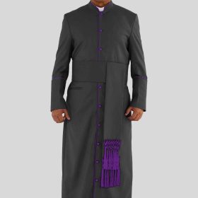 Sacred Black Clergy Robe with Roman Purple Accents with Three Backpleats