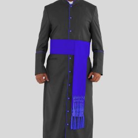 Sanctified Black Men's Clerical Robe with Royal Blue Trim & Triple Back Pleats