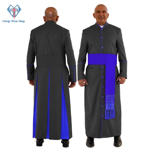 Sanctified Black Clergy Robe with Royal Blue Trim