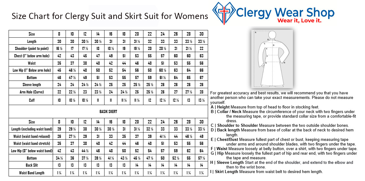 Size Chart of Clergy Suit and Skirt Suit for Womens
