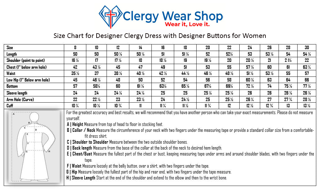Size chart for Designer Clergy Dress